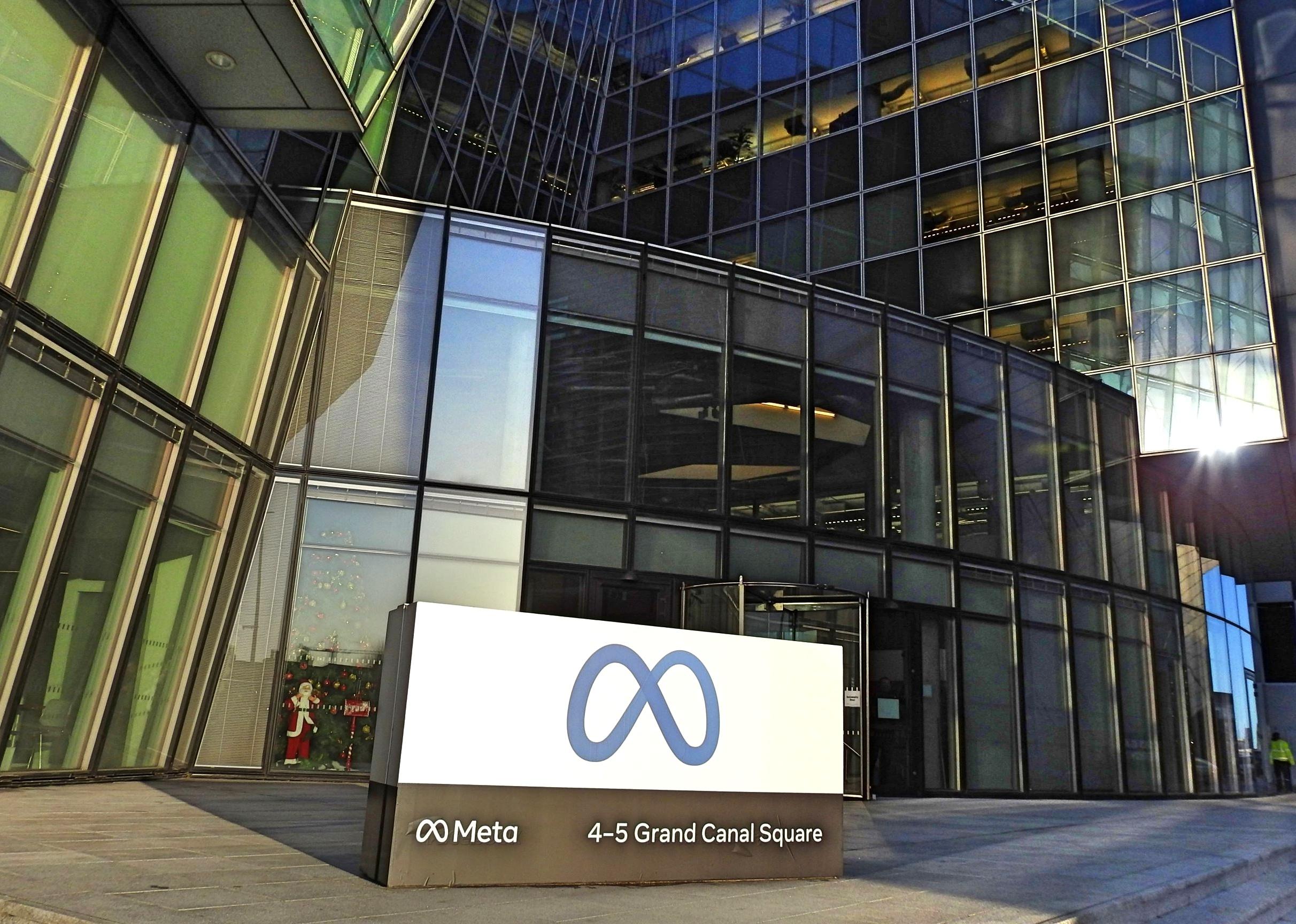 The new Meta company signage outside its European headquarters.