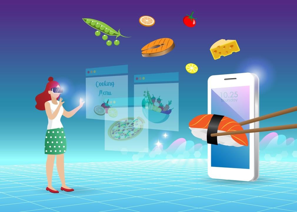 Animated image of a woman in VR goggles and food concepts