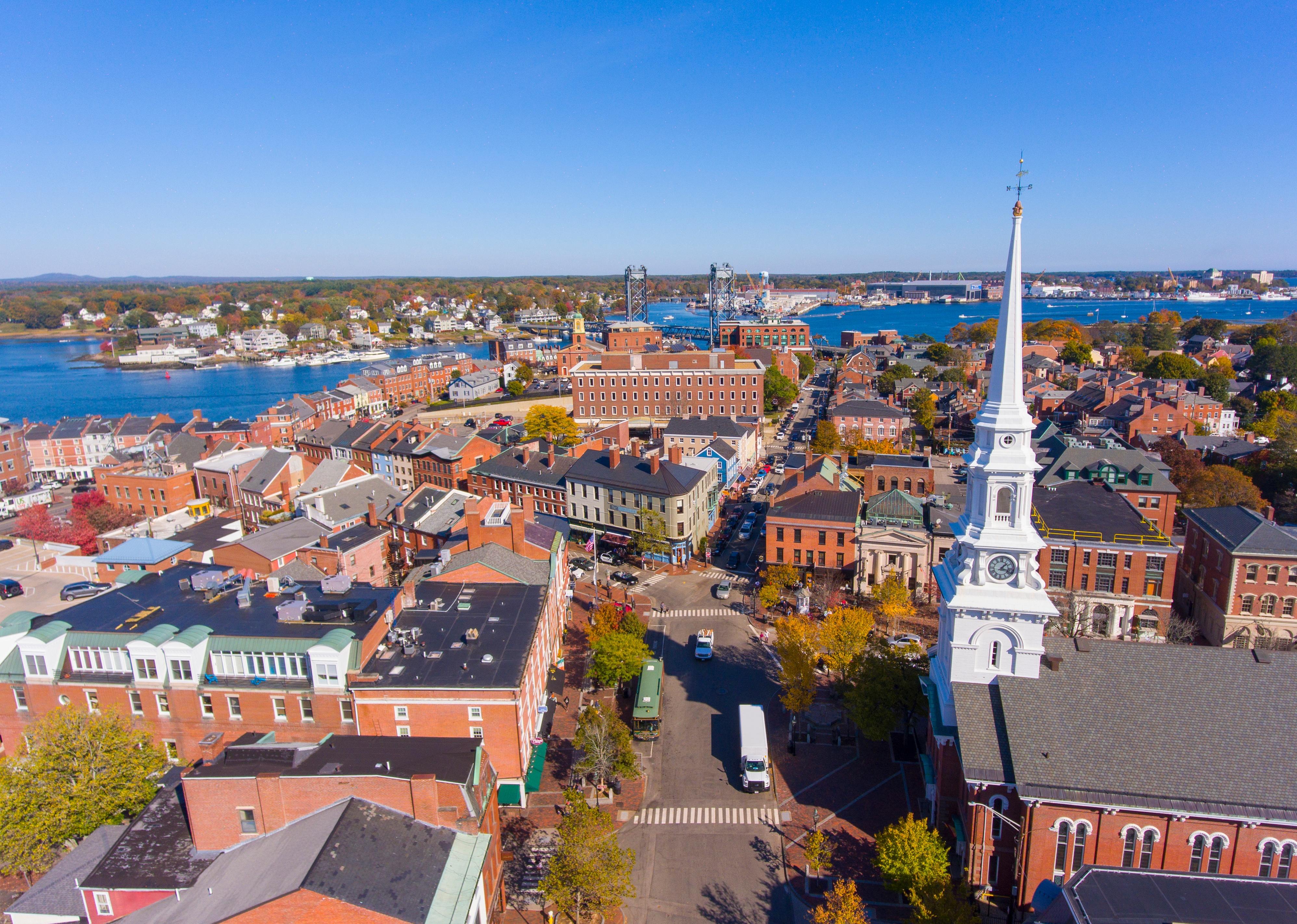 Portsmouth historic downtown aerial view at Market Square.