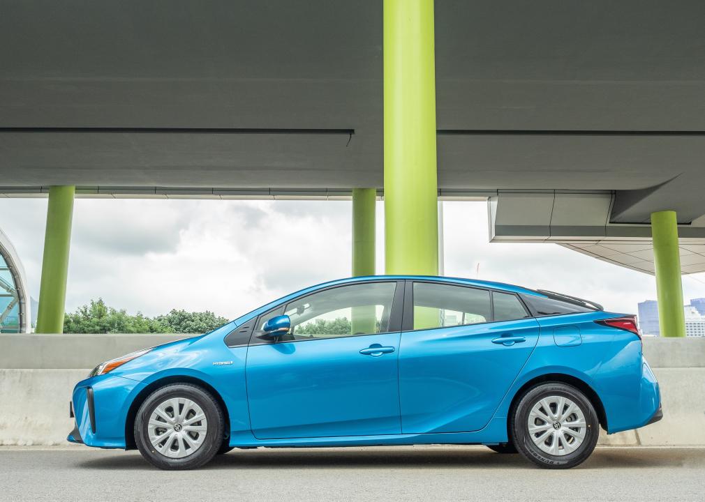 A bright blue Toyota Prius Hybrid in Hong Kong.