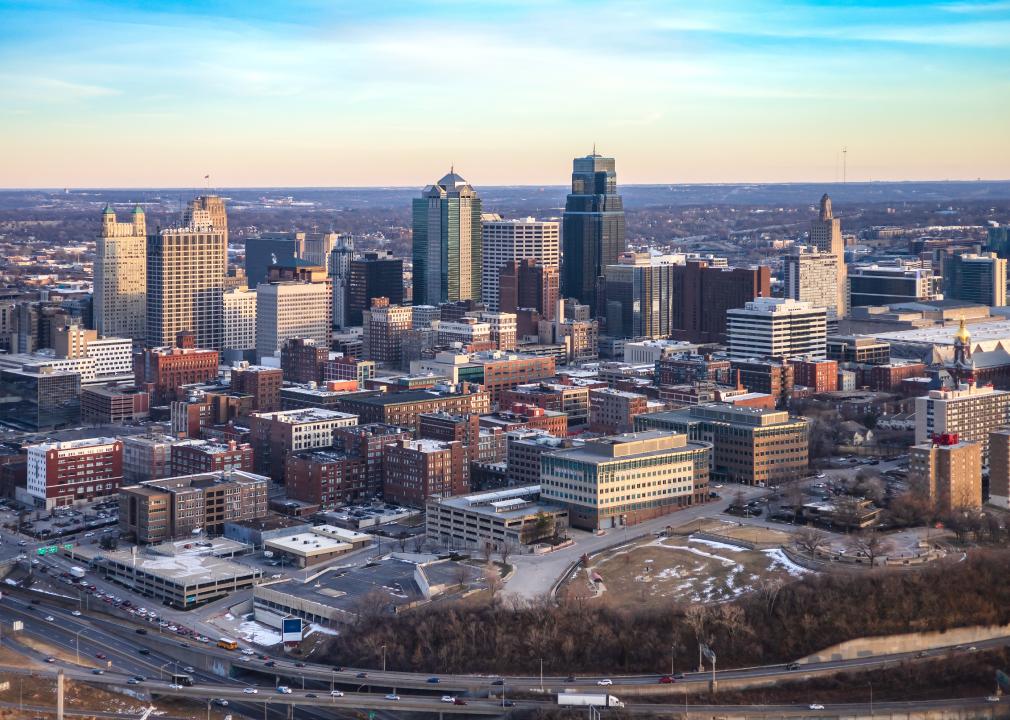 The skyline of Kansas City from an aerial view.