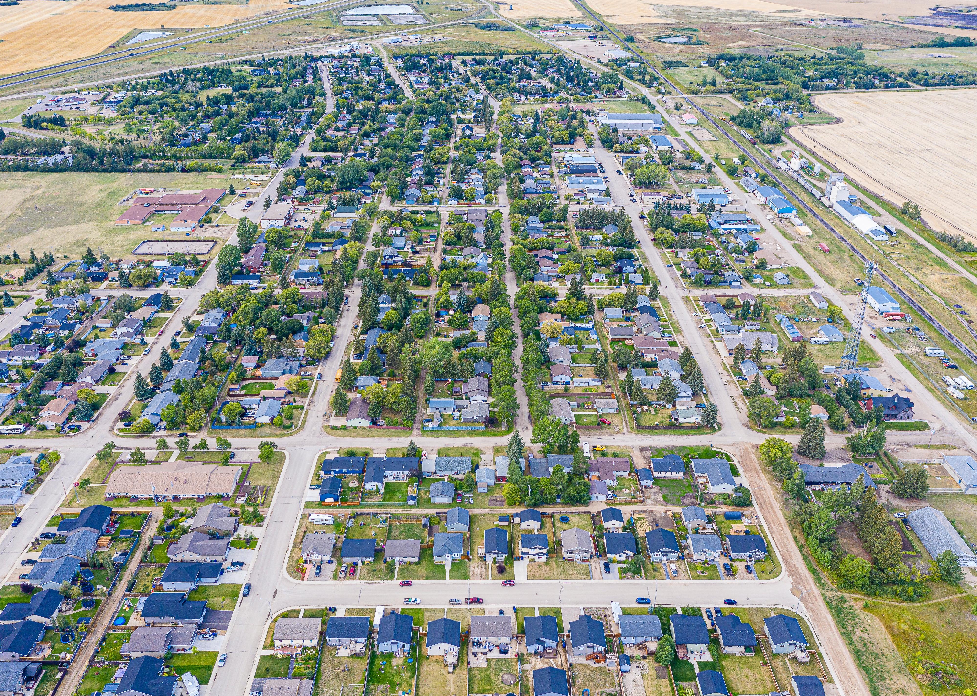 Aerial drone view of the town of Langham in Saskatchewan, Canada
