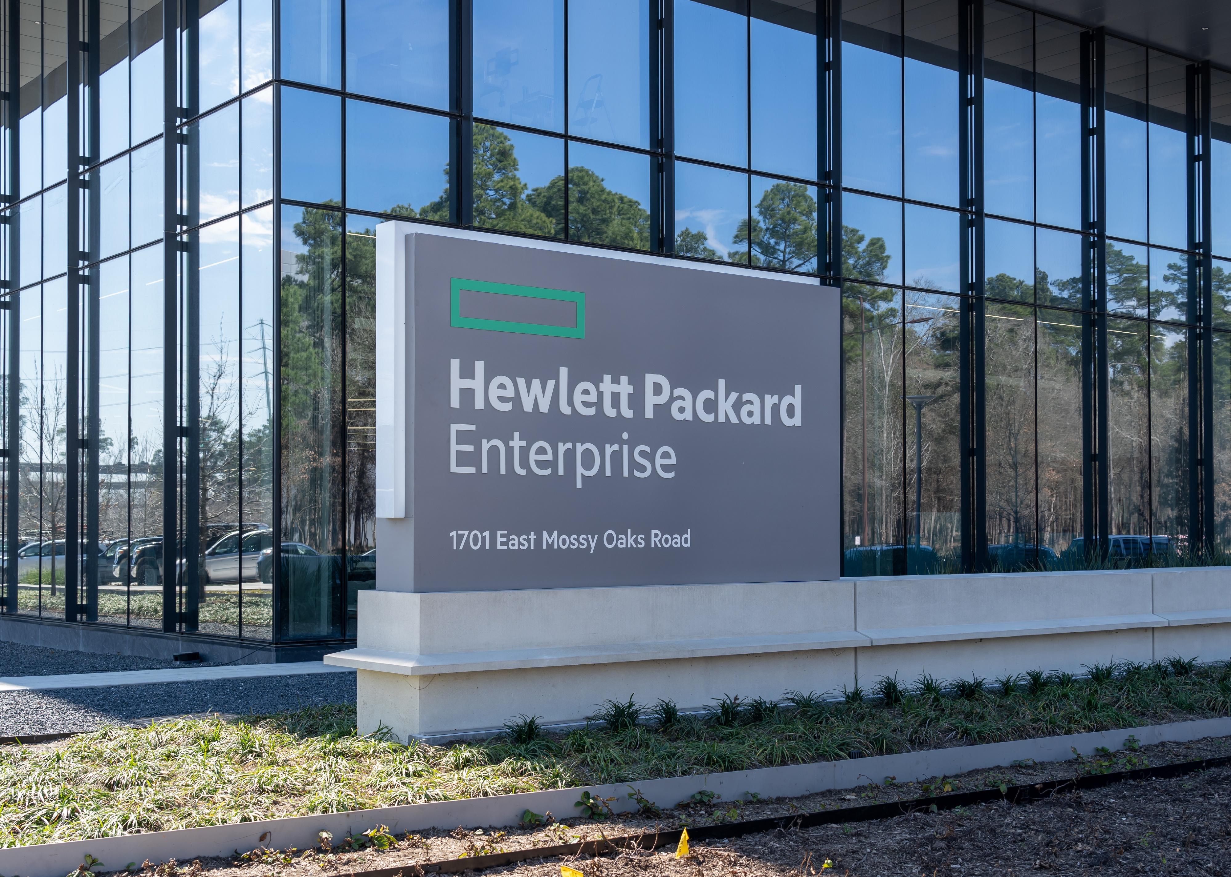 Closeup of Hewlett-Packard Enterprise ground sign at their office building.