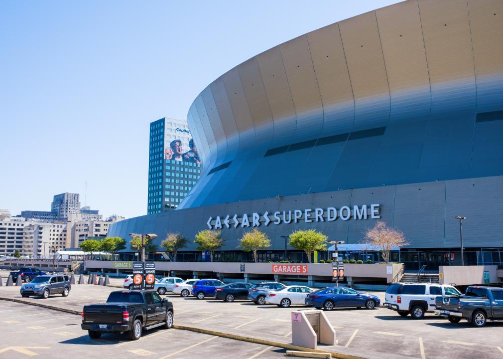 Superdome with parking lot and hint of the skyline