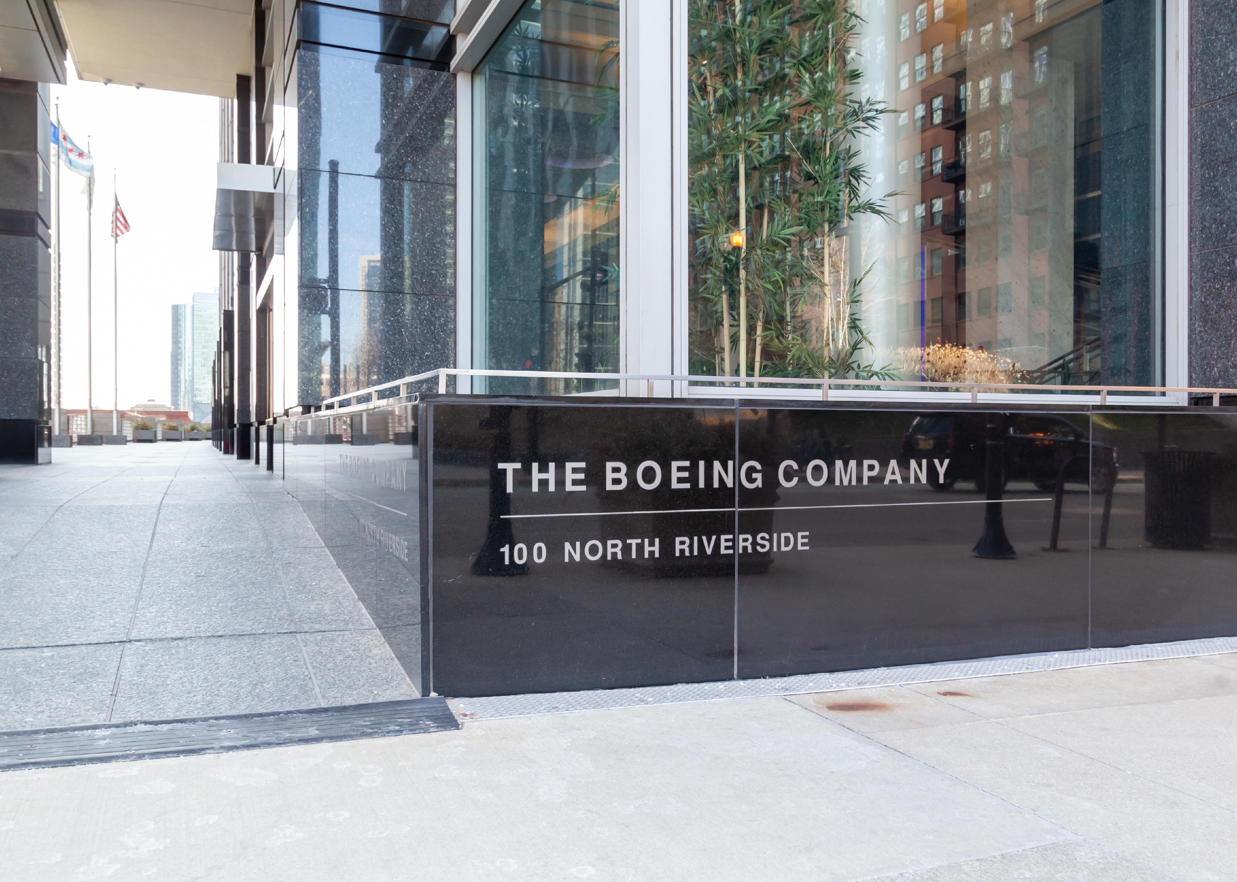 The Boeing Company sign on the wall at its headquarters in Chicago.