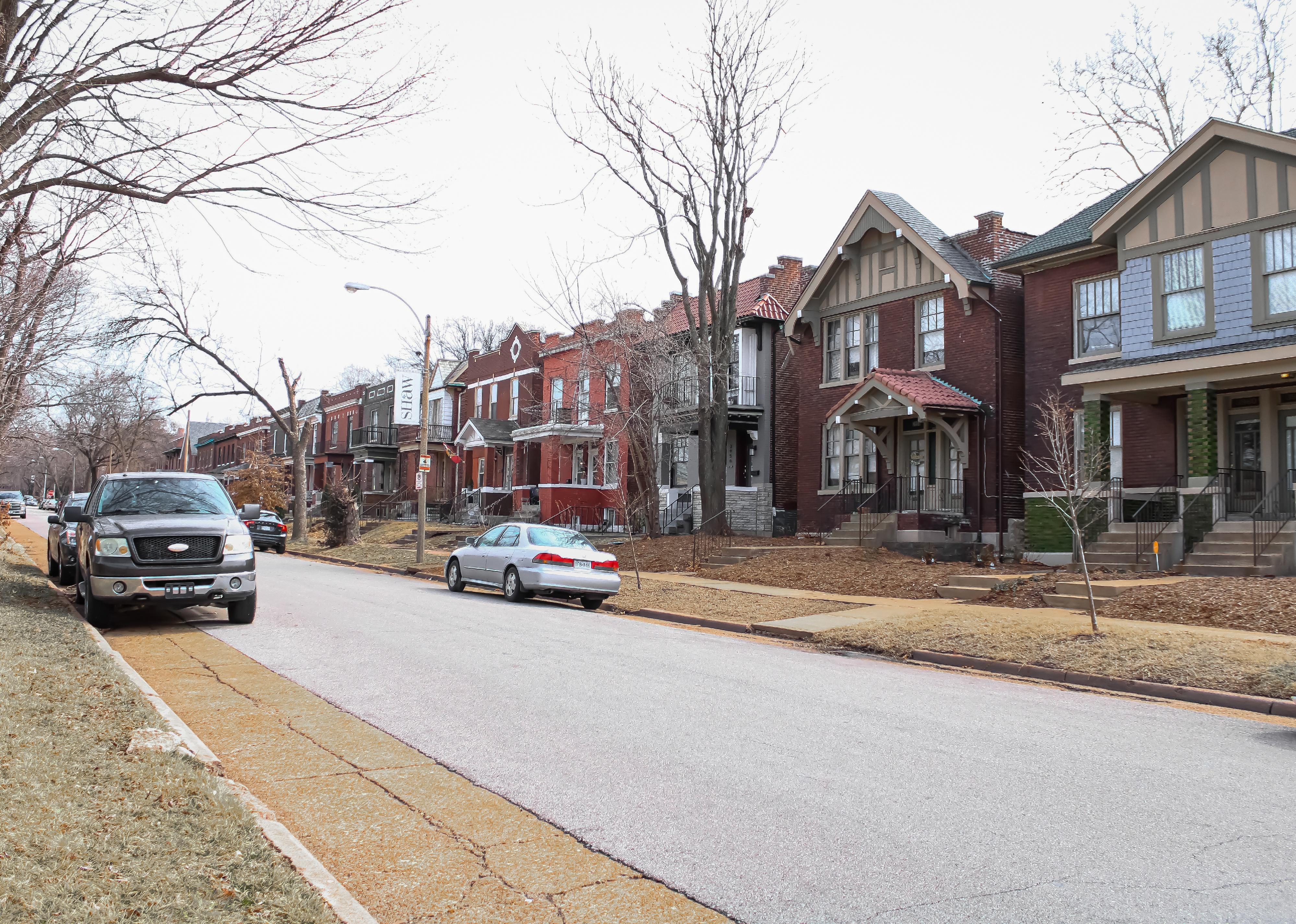 St. Louis, Missouri street with colorful historic homes during the winter.