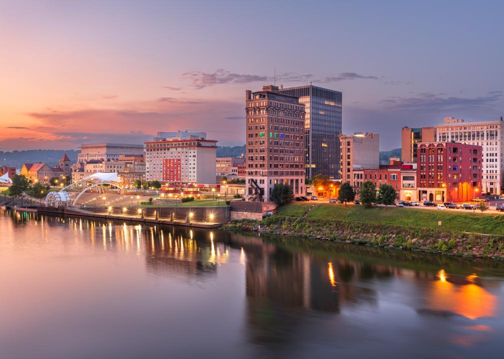 Charleston, West Virginia, USA skyline on the Kanawha River at dusk