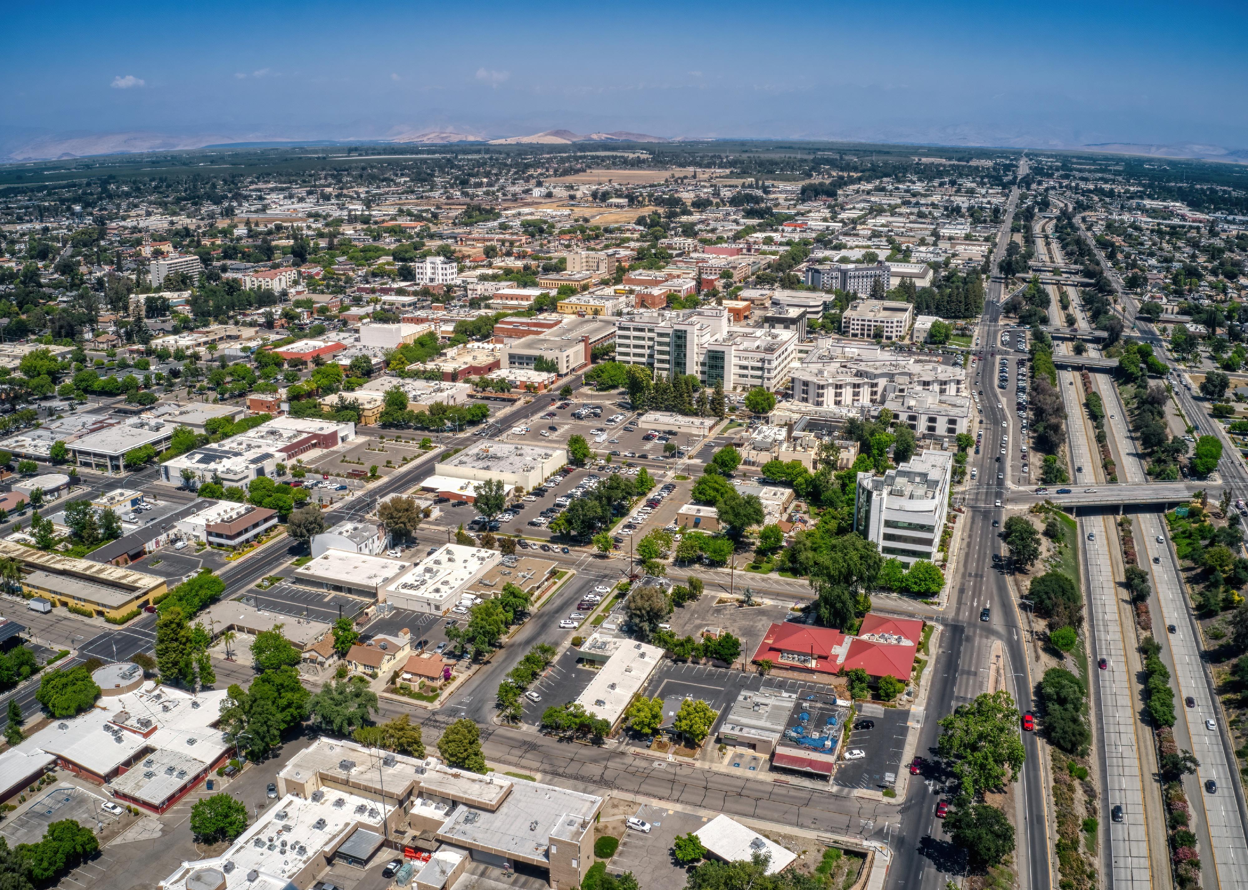 Aerial of downtown Visalia during spring.