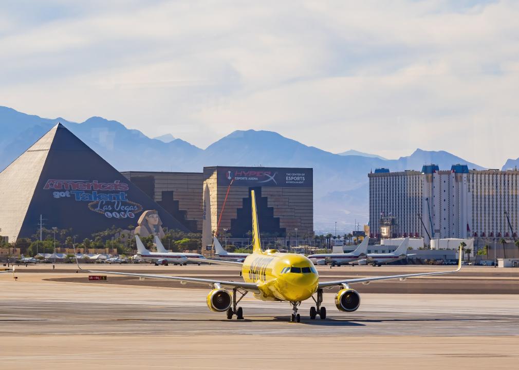 Afternoon view of Spirit airline airplane and the strip and Harry Reid International Airport.