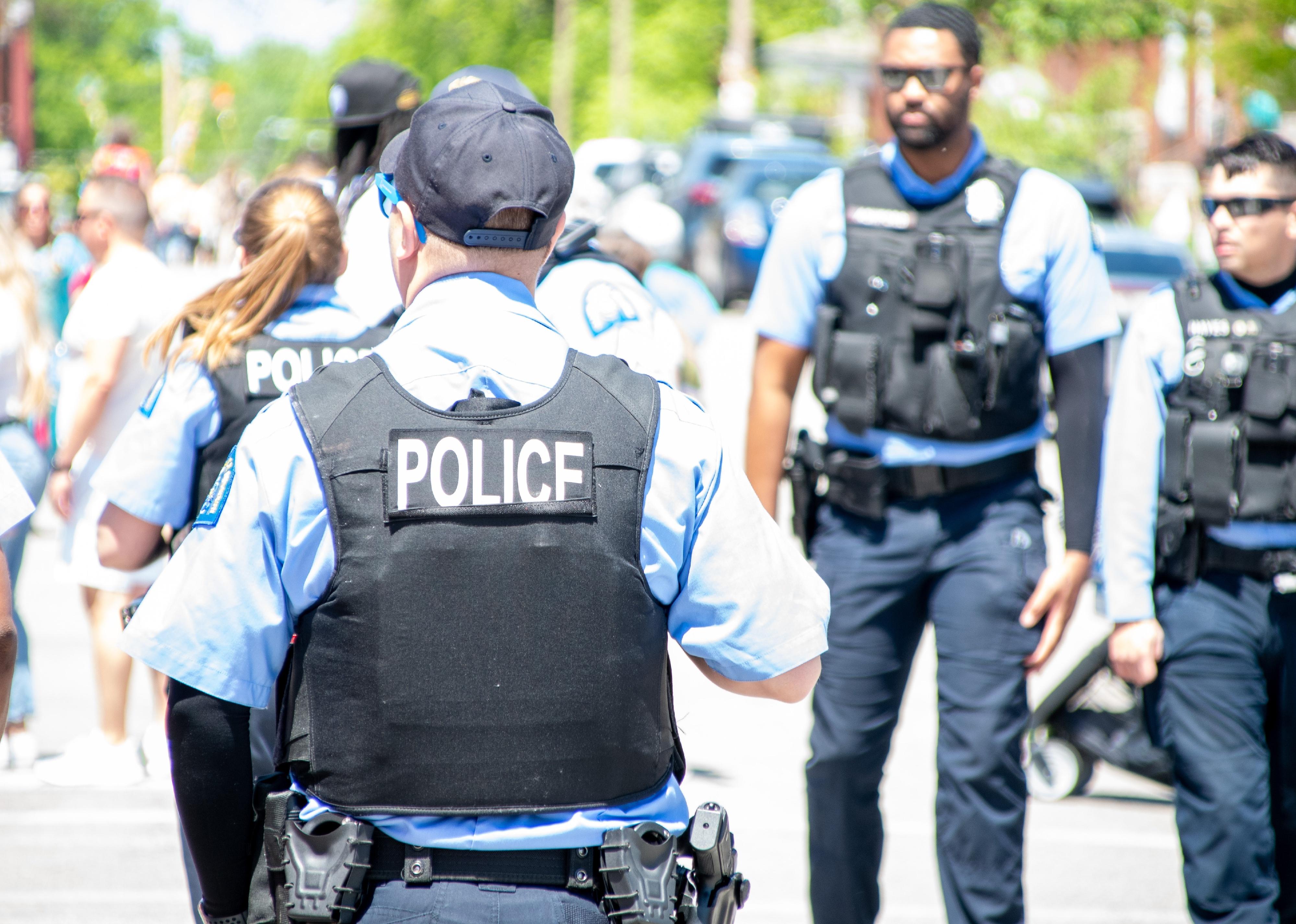 A St. Louis Metropolitan Police Department officer wearing a bulletproof vest.