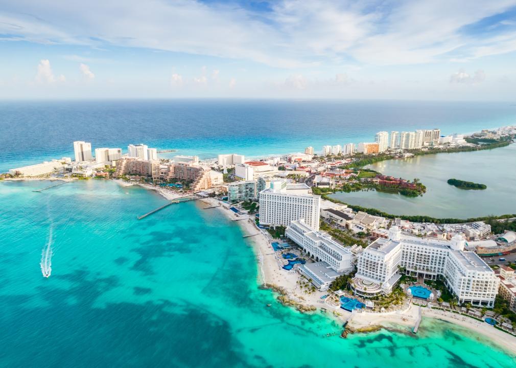 Aerial panoramic view of Cancun beach and city hotel zone in Mexico.