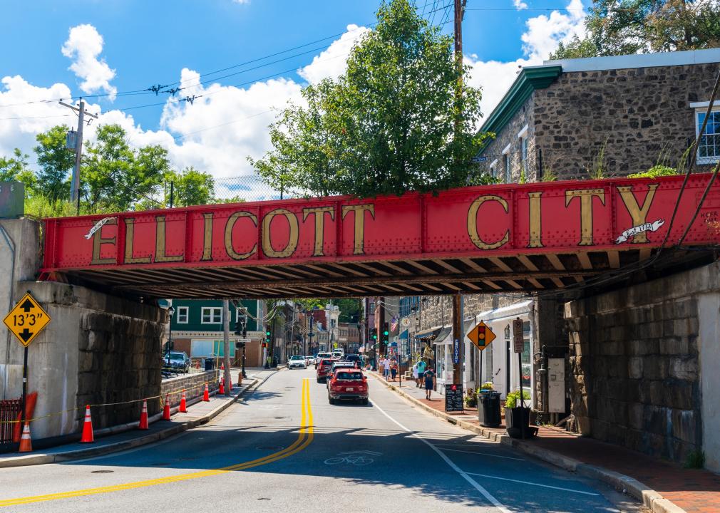Ellicott City sign on a bridge.