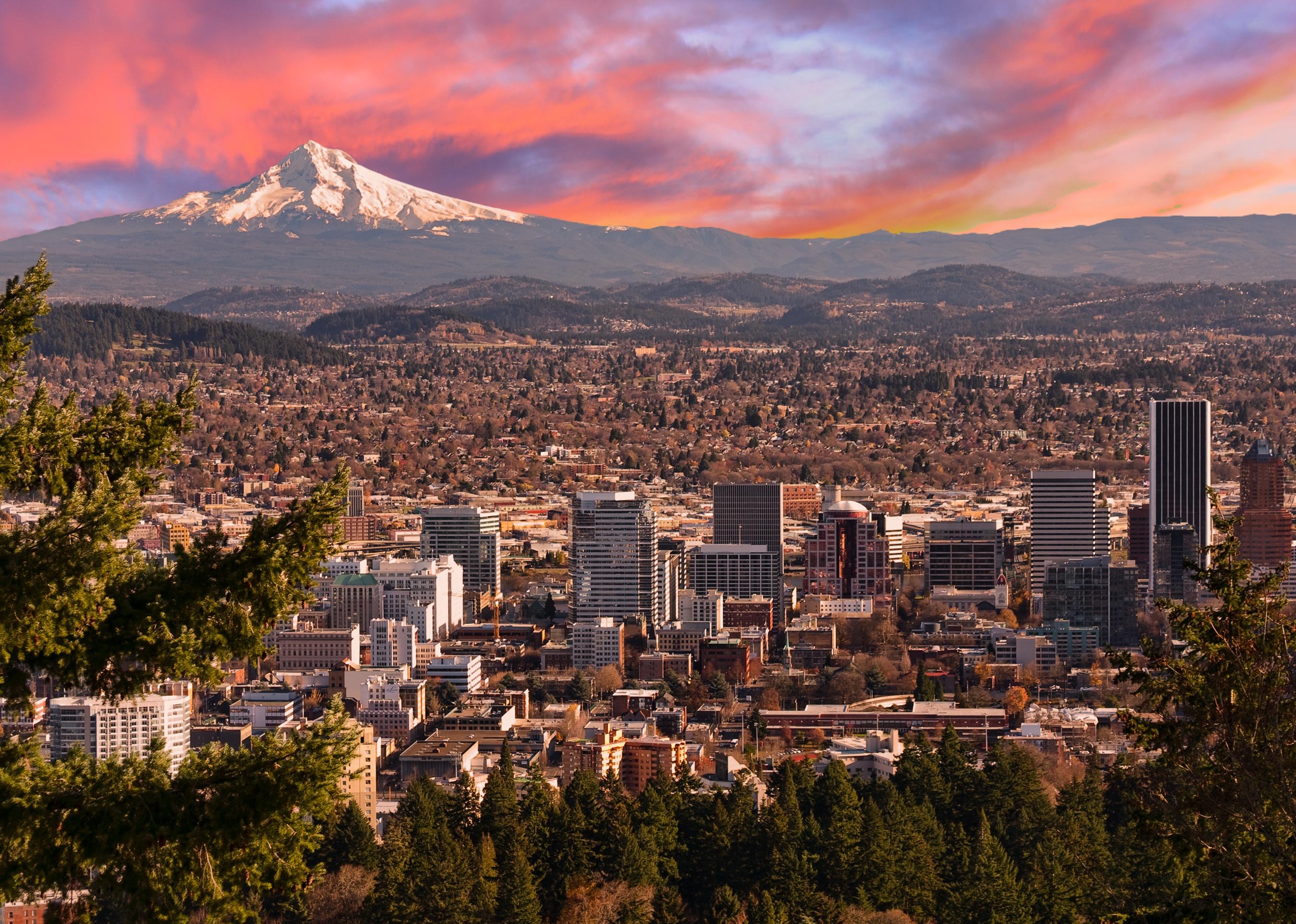 Aerial view of Portland at sunset from Pittock Mansion.
