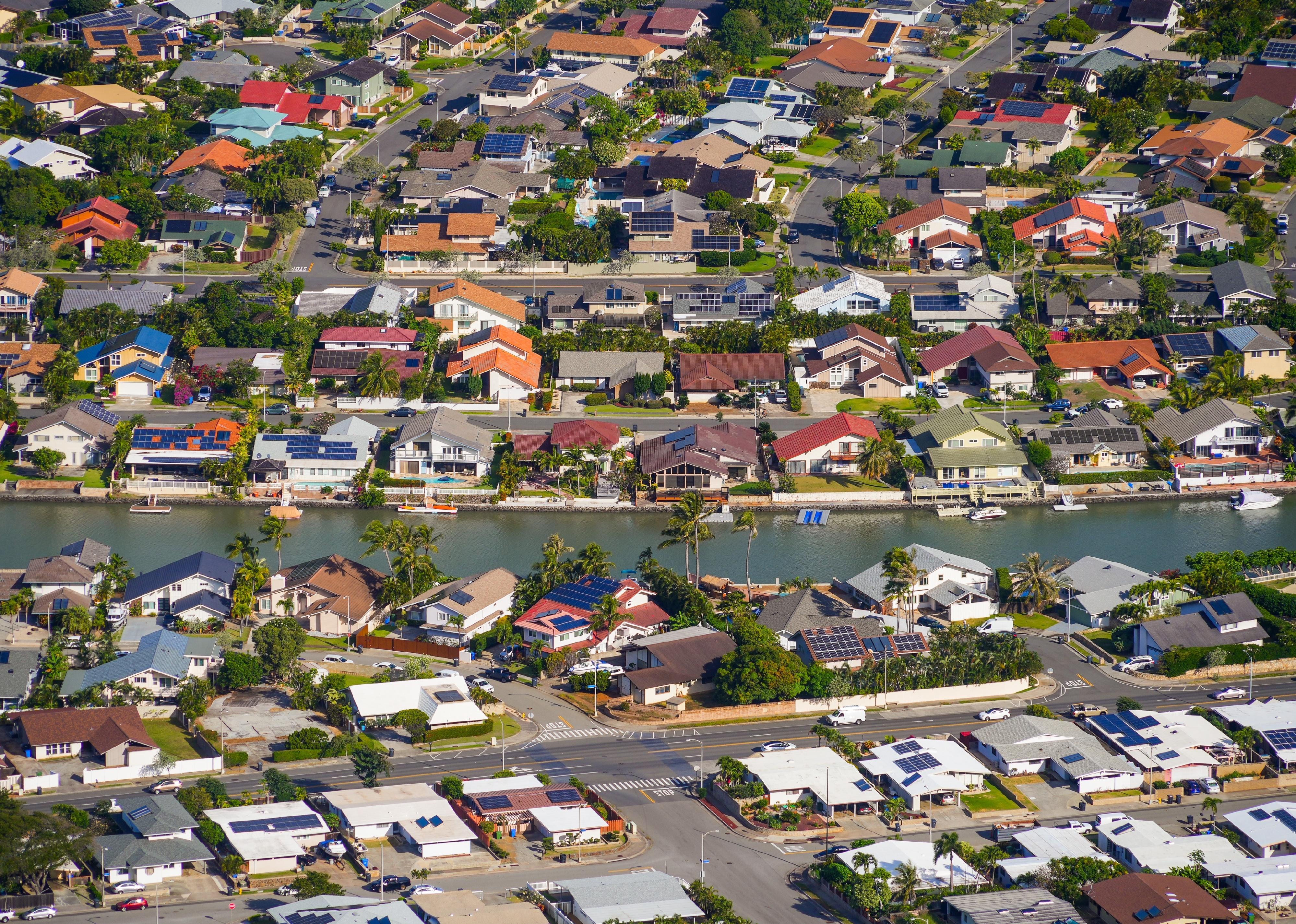 Aerial view of the rooftops of the Hawaii Kai residential neighborhood.