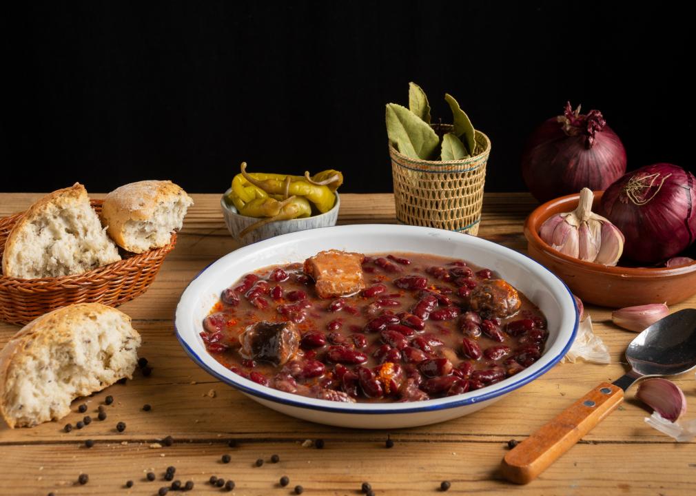 View of a plate with Basque bean stew.