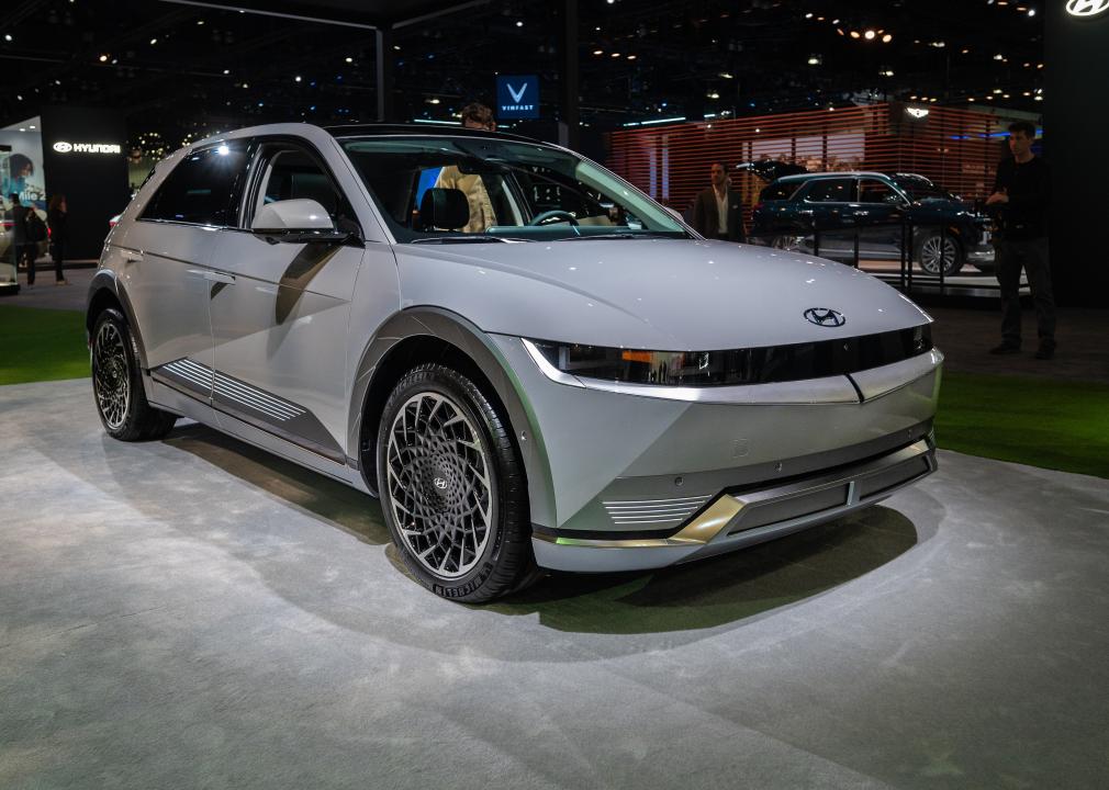 A light silver Hyundai IONIQ during L.A. Auto Show.