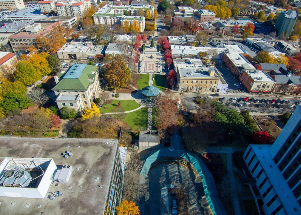 An aerial view of Decatur Square in Decatur, Georgia, during fall.