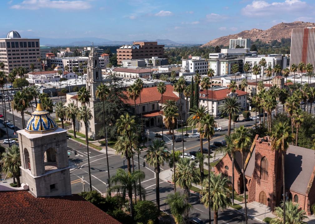 Daytime aerial view of historic downtown Riverside.