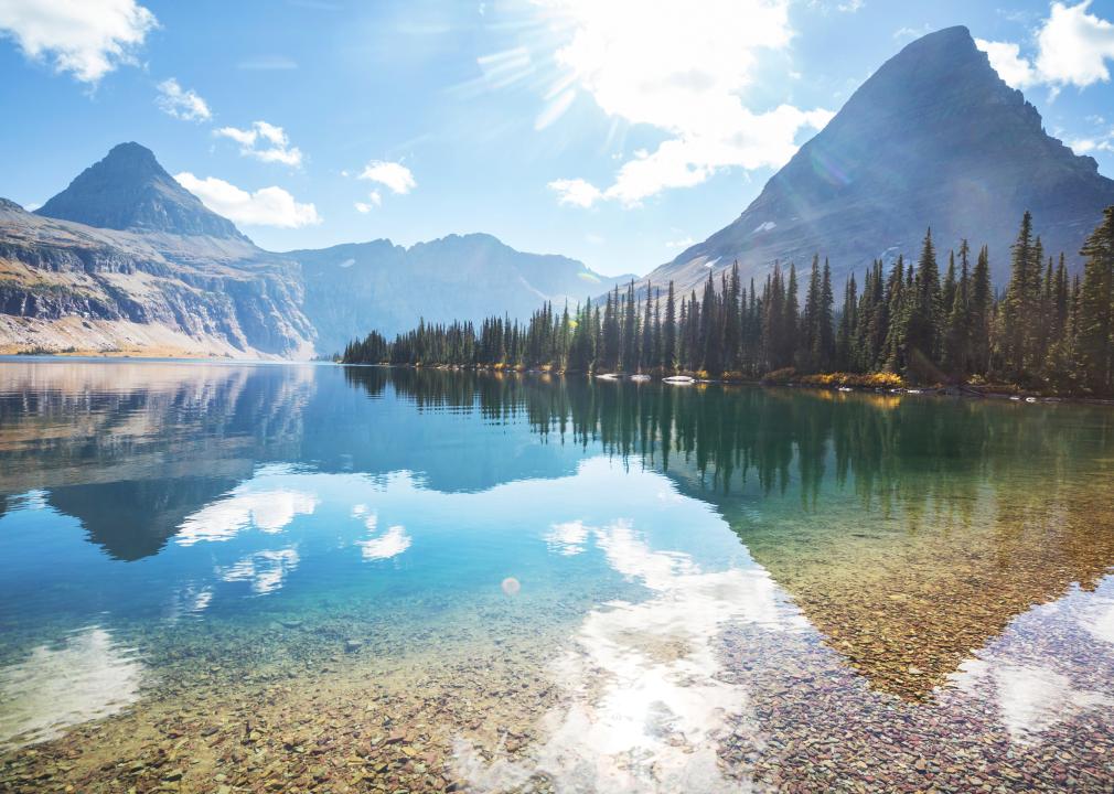 Sunny day and the rocky peaks of the Glacier National Park.