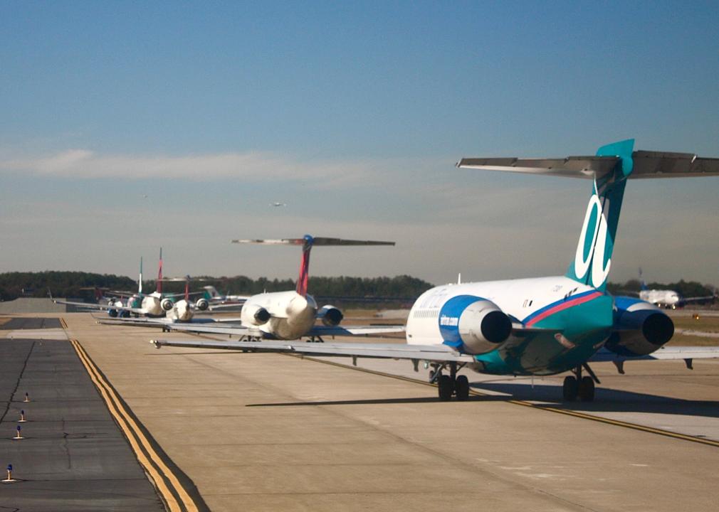 Various aircraft taxiing for departure at Hartsfield-Jackson Atlanta International Airport.