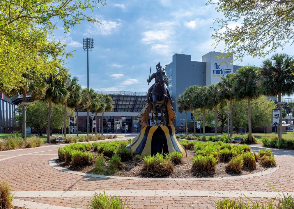 Knight on a horse statue at the University of Central Florida in front of the FBC Mortgage Stadium.