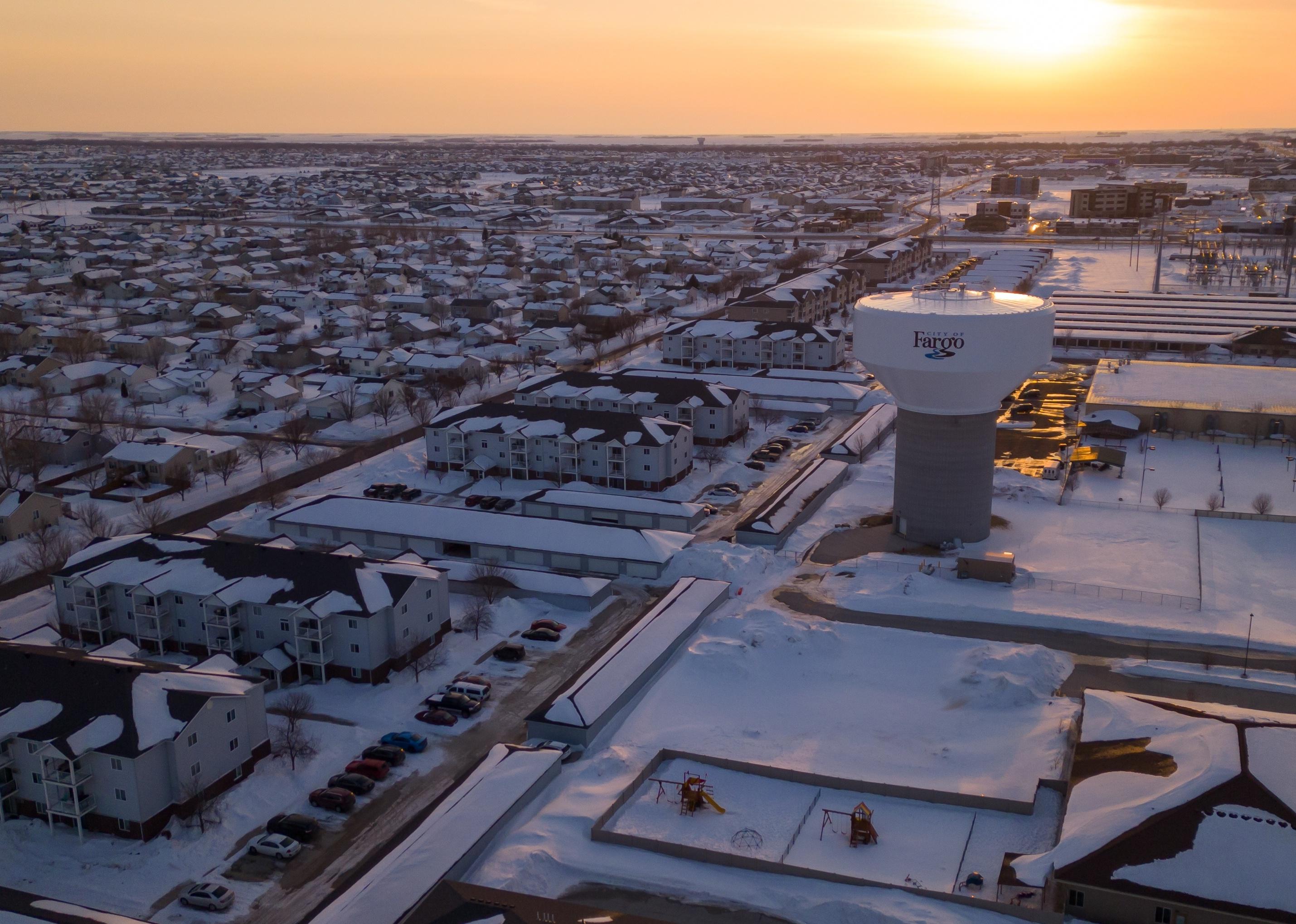 Aerial view of sunset over Fargo, North Dakota.