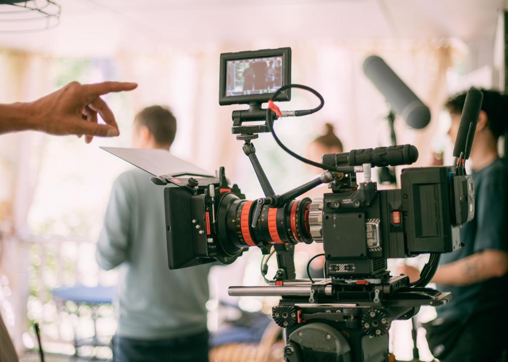 Professional cinema and video camera equipment being operated on a set.