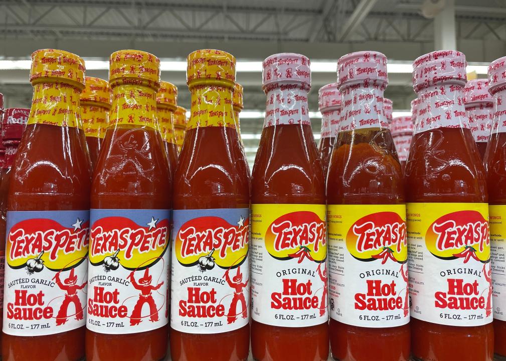 Grocery store with Texas Pete hot sauce on shelf.