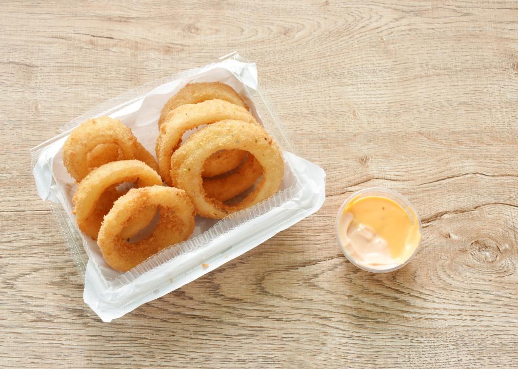 Fried onion ring with flour dipping cheese.