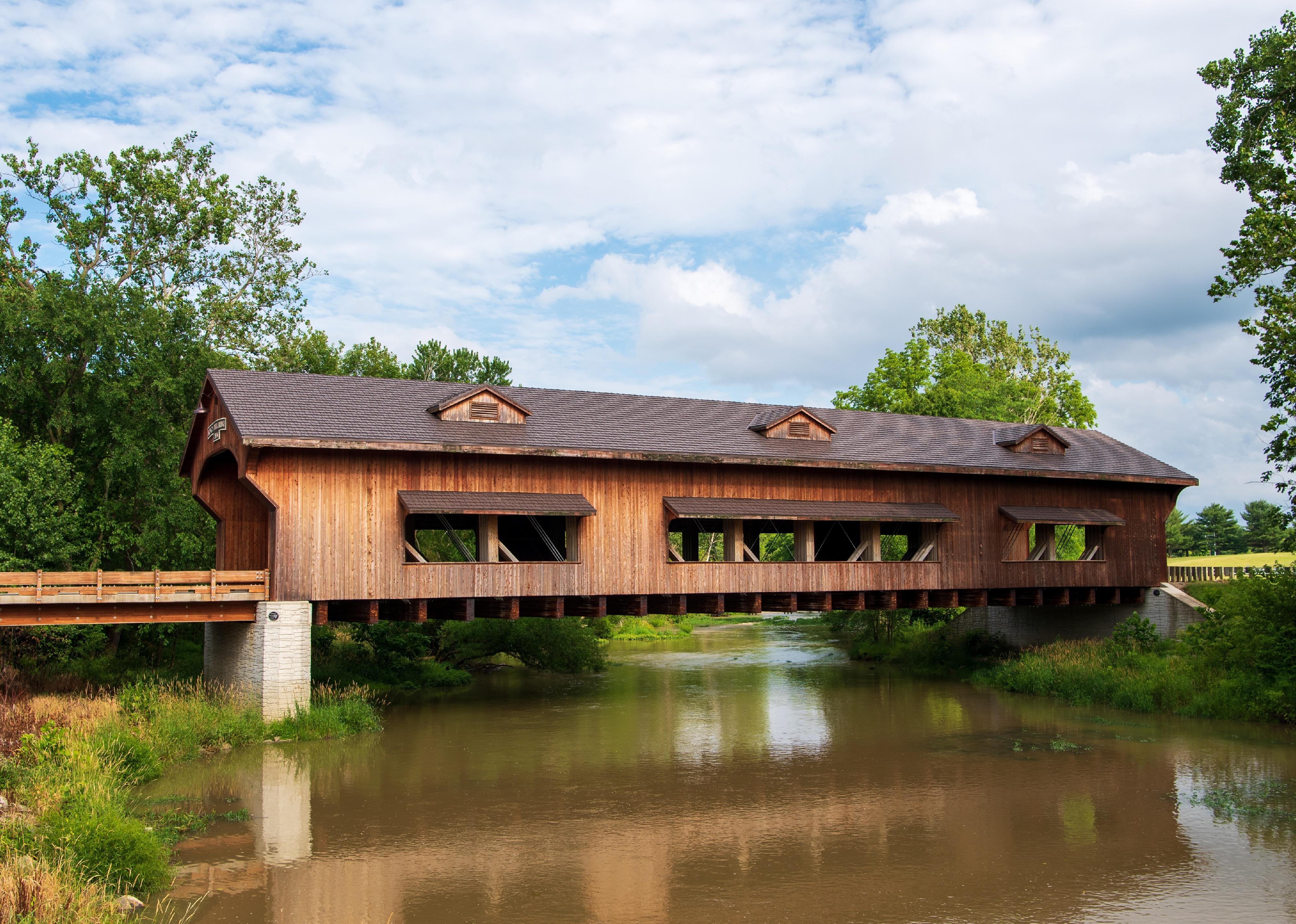Kings Mill Covered Bridge over the Olentangy River in Marion, Ohio.