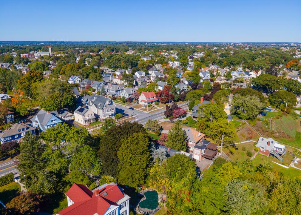 Historic residential area aerial view in fall.
