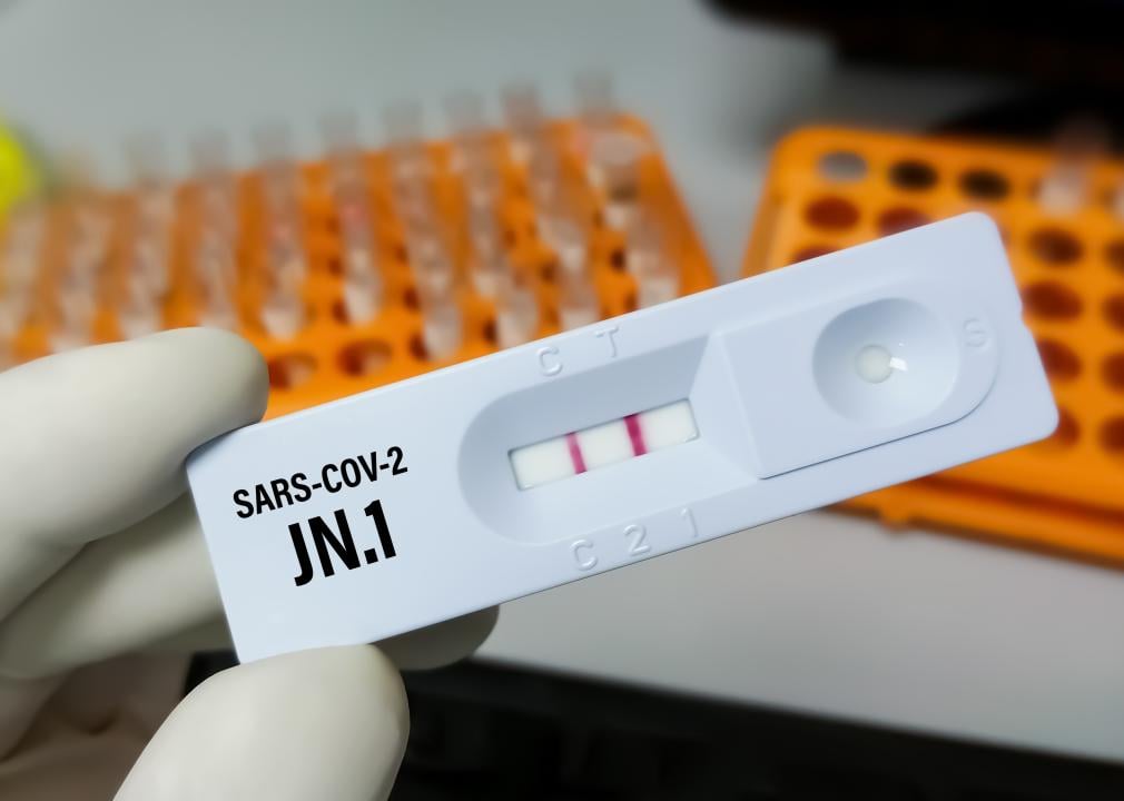 Rapid test cassette for SARS-CoV-2 Variant JN.1. with two red lines.