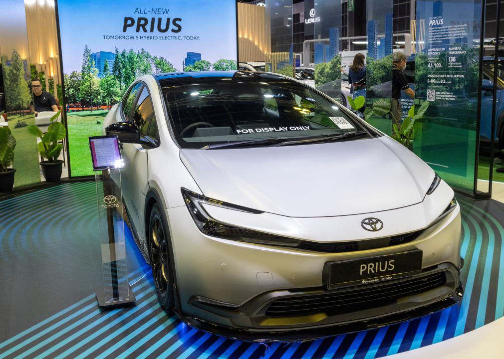 A light silver Toyota Prius at the Singapore Motor Show 2024.