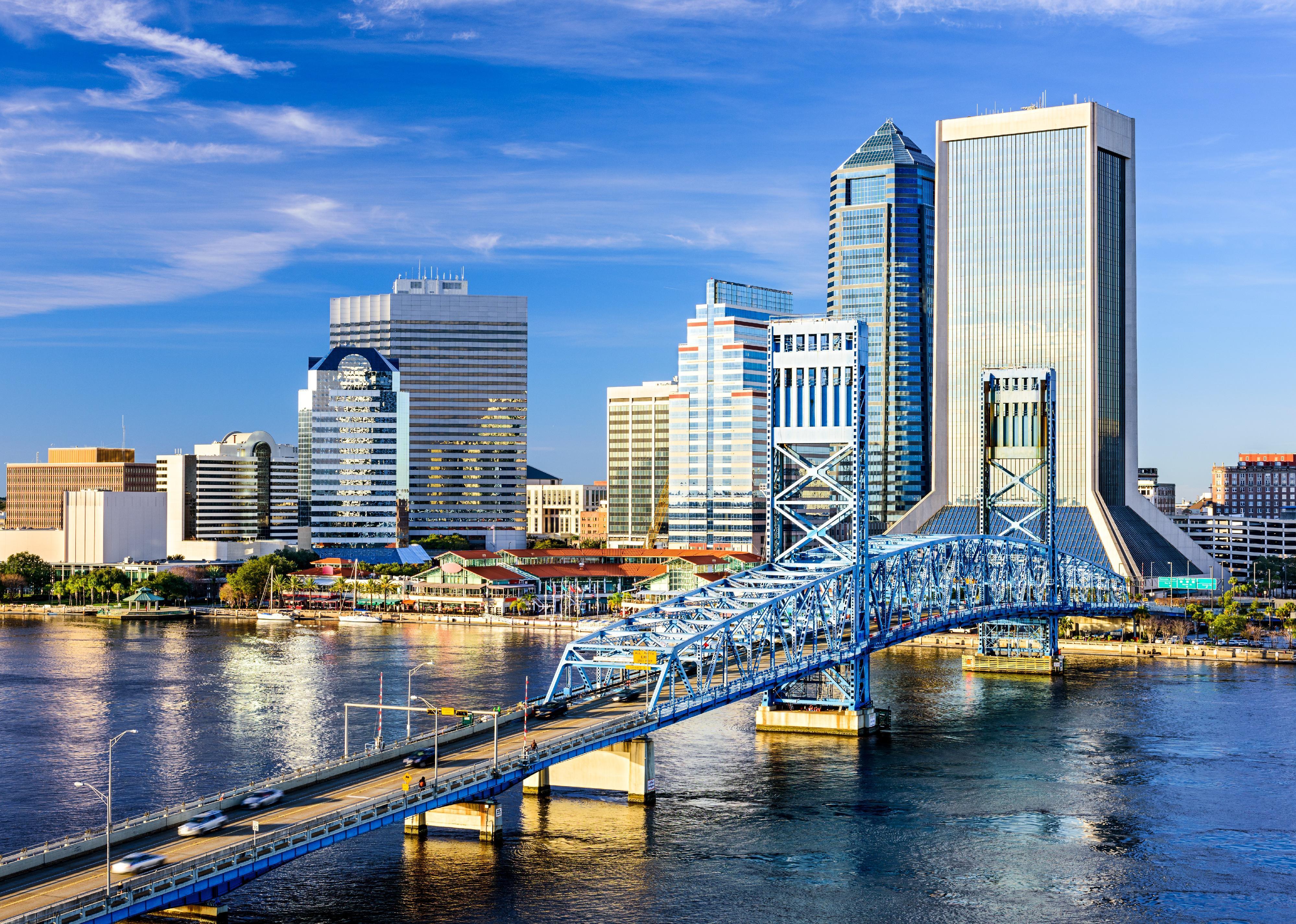 Aerial view of the Main Street Bridge on Jacksonville's riverfront.