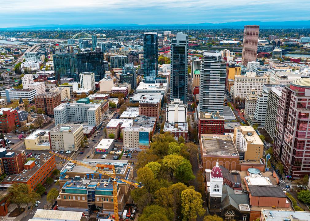 A high-angle photo of Downtown Portland.