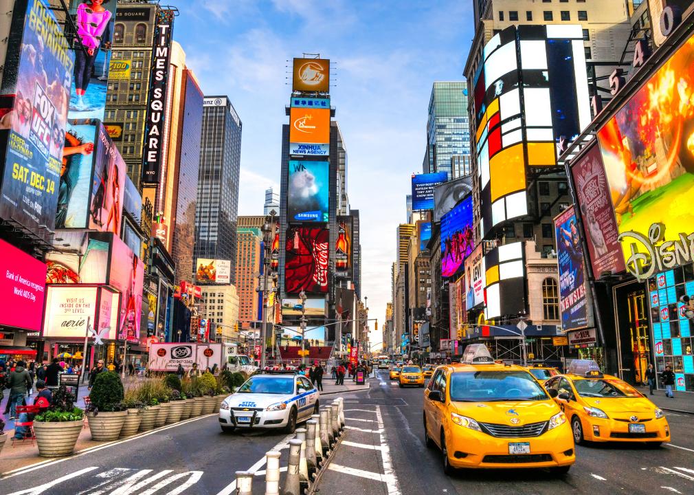 Times Square and traffic in New York City.