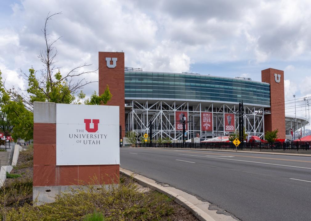 University of Utah sign with Rice-Eccles Stadium.