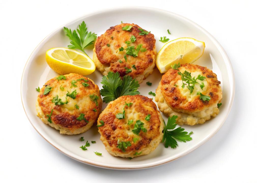 A plate of crab cakes.