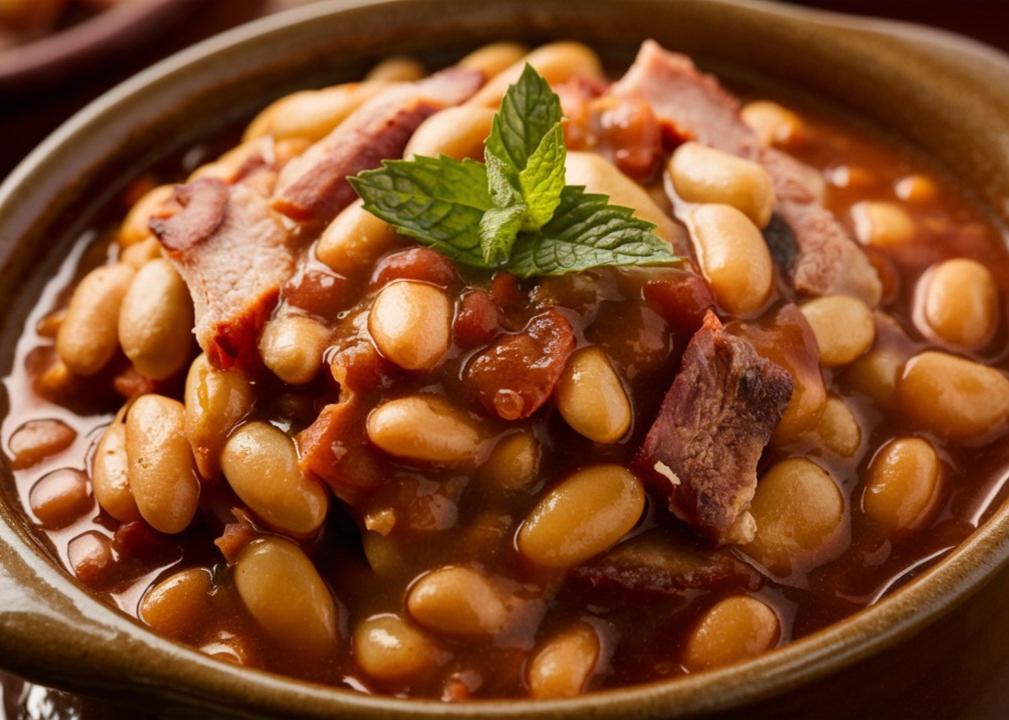 Boston baked beans in a dish.