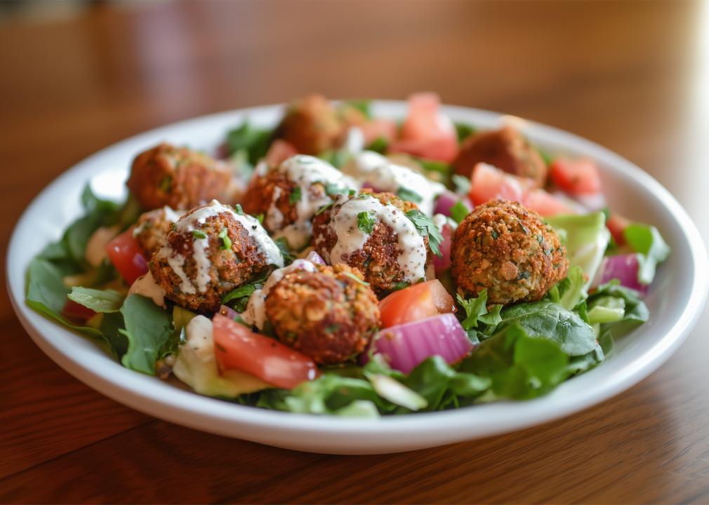 Healthy Mediterranean falafel salad bowl.