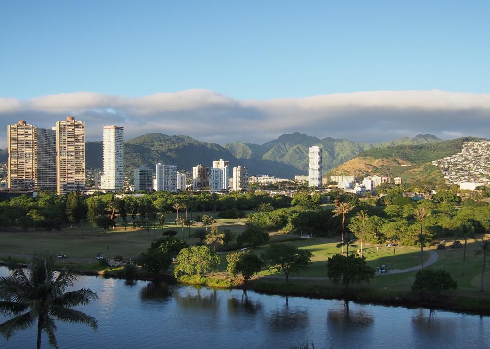 East Honolulu skyline with Ala Wai Canal in foreground.