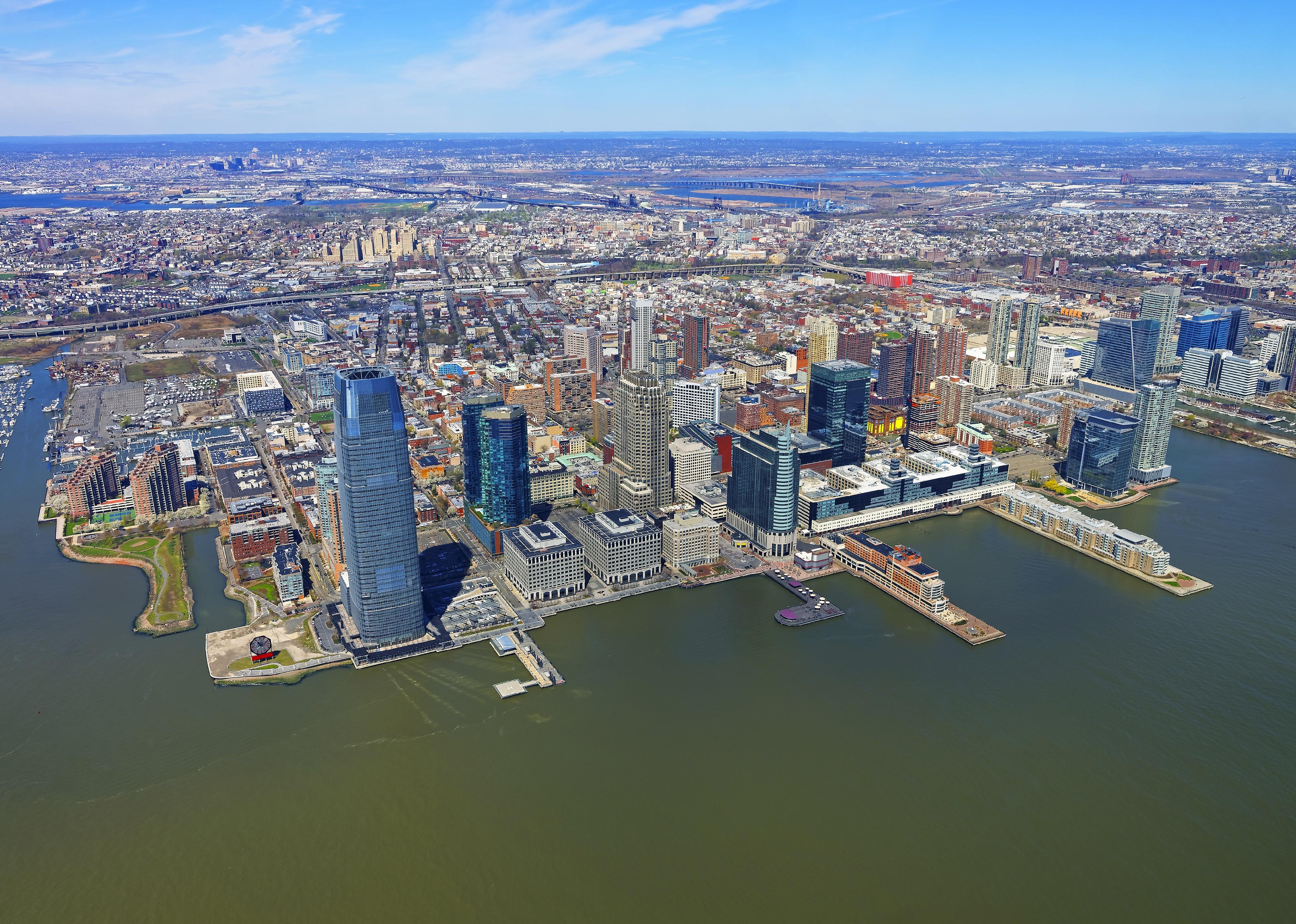 Helicopter view on New Jersey skyline.