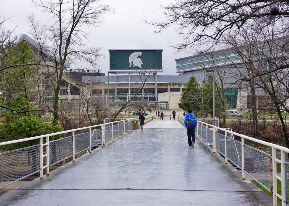 A large stadium on a rainy day.