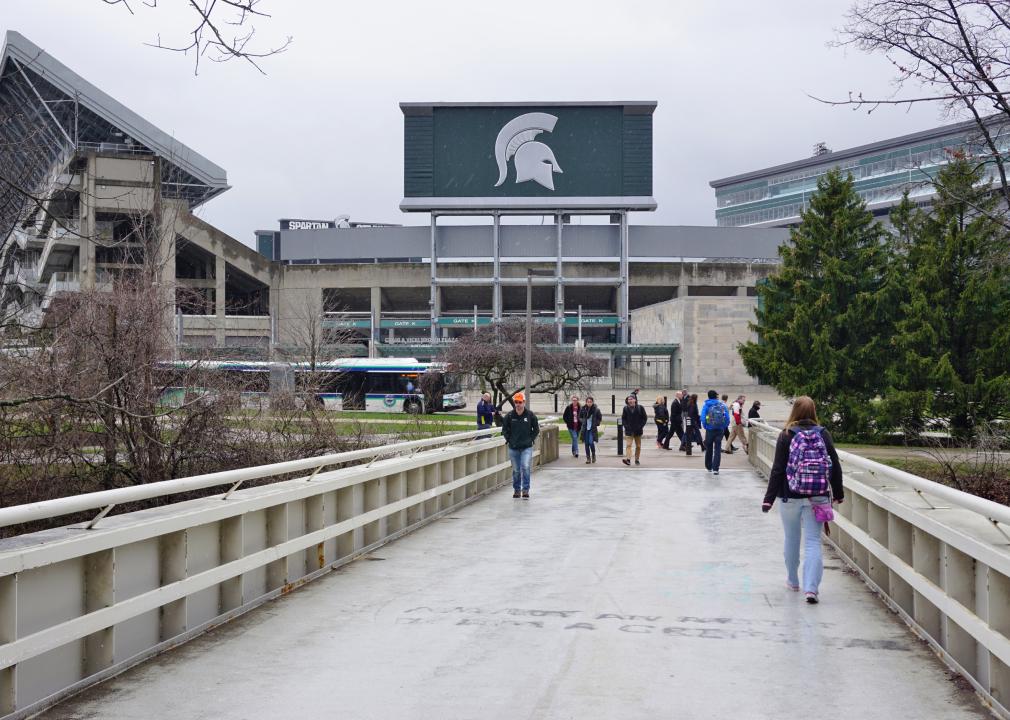 Michigan State University campus with students walking