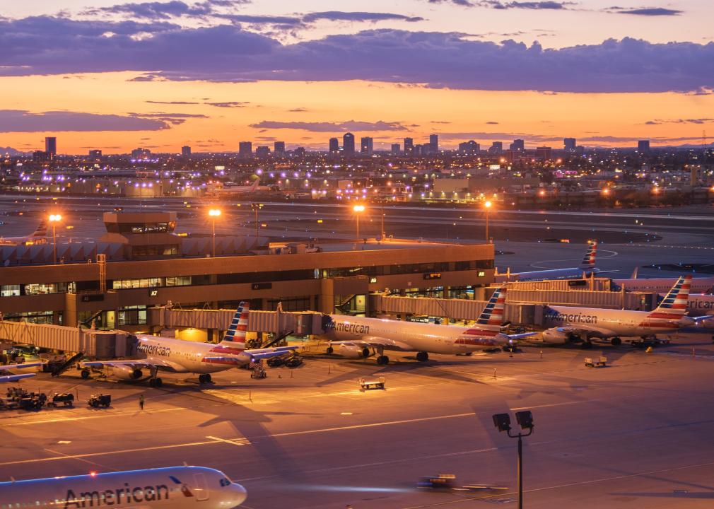 Phoenix Sky Harbor International Airport airplanes at sunset.