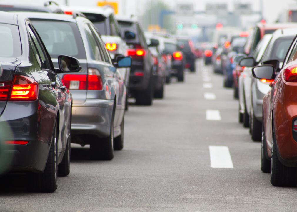 Cars on highway in traffic jam.