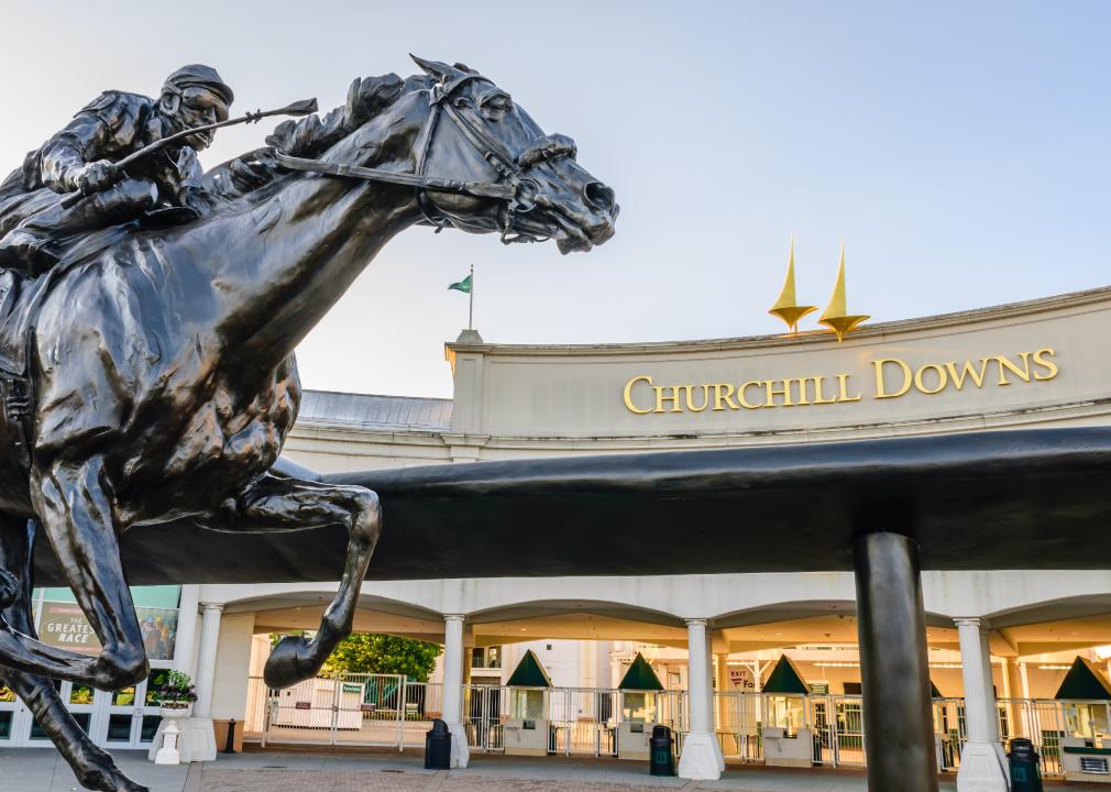 Entrance to Churchill Downs featuring a statue of 2006 Kentucky Derby Champion Barbaro
