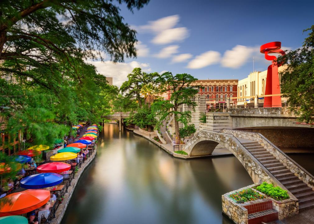 Colorful umbrellas brighten up San Antonio's River Walk.