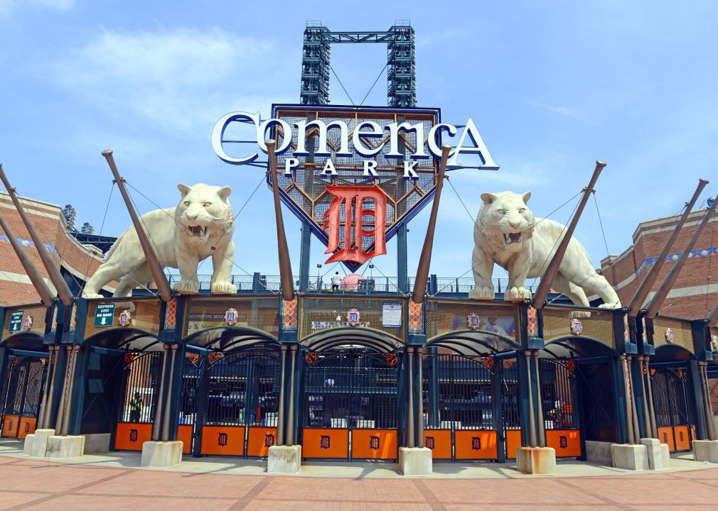 Comerica Park with tiger statues