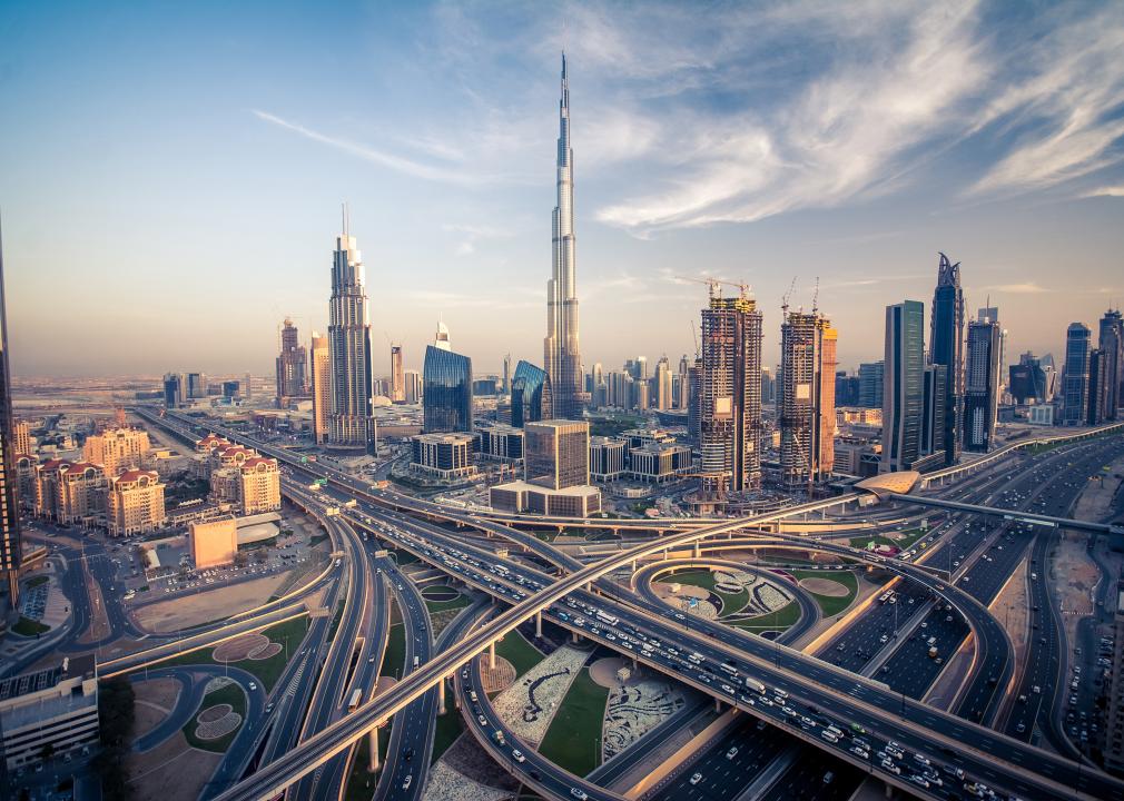 The Dubai skyline and its busiest highway.